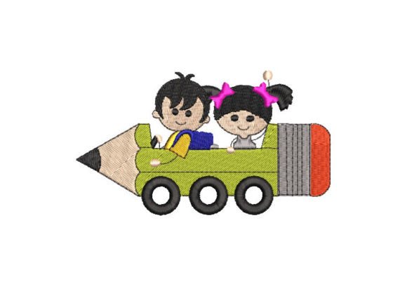 Children in Pencil Car Embroidery Design